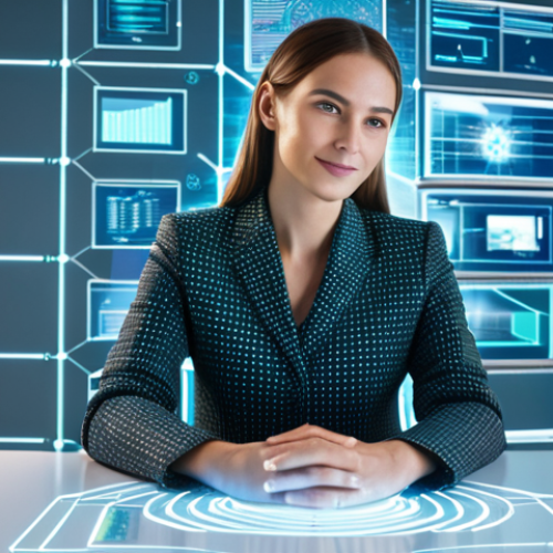 A professional businesswoman in a modest business suit, seated elegantly at a sleek, minimalist desk in a futuristic, brightly lit office. Her hands are gently interacting with a holographic display showing a dynamic, interconnected network of data nodes, symbolizing personal data under user control. The background features subtle blockchain motifs, representing decentralization and security. The image emphasizes individual empowerment over digital information, with elements of transparency and efficiency. fully clothed, appropriate attire, professional dress, perfect anatomy, correct proportions, natural pose, well-formed hands, proper finger count, natural body proportions, safe for work, appropriate content, family-friendly, professional photography, high quality.