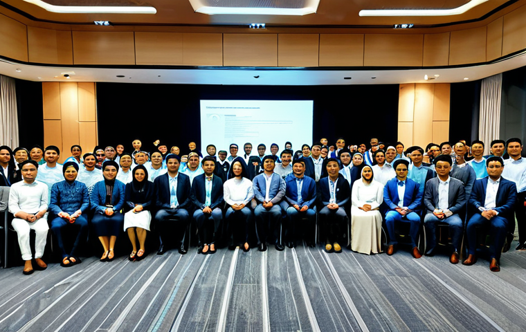 **

A diverse group of professionals in modest business attire attending a blockchain technology conference in Kuala Lumpur. The background shows presentation slides with blockchain diagrams and Malaysian flags. The scene conveys innovation and collaboration. Fully clothed, appropriate content, safe for work, perfect anatomy, natural proportions, professional photography, high quality, professional.

**